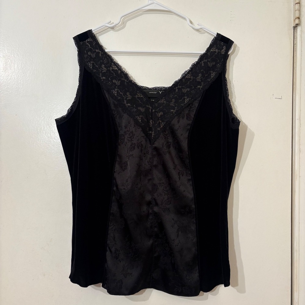 Black Velvet Satin Lace Floral Sleeveless Blouse Tank Top Goth Whimsigoth 14/16